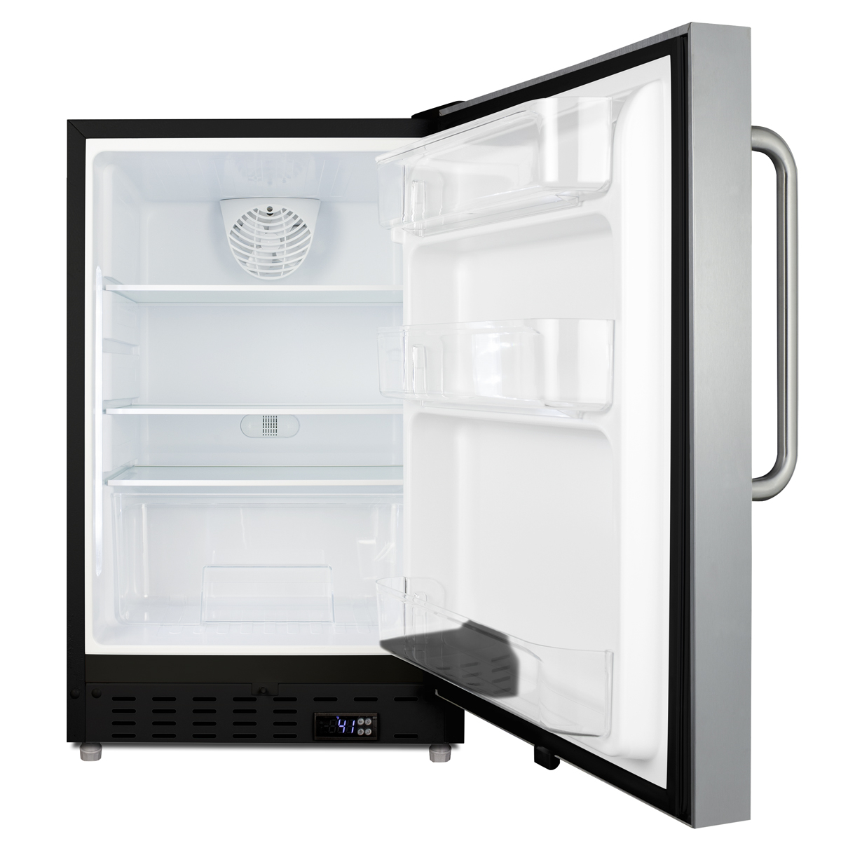Built-in undercounter ADA compliant residential all-refrigerator with SS cabinet and door, towel bar handle, with door storage and automatic defrost operation